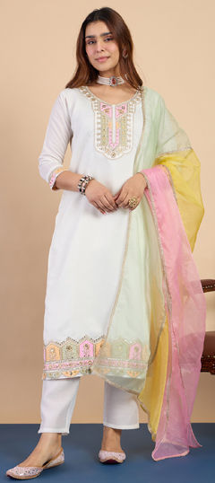 White and Off White color Salwar Kameez in Blended, Silk fabric with Embroidered work