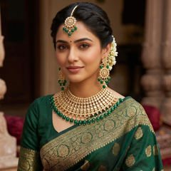 Gold Rodium Polish Green color Necklace in Metal Alloy studded with Kundan