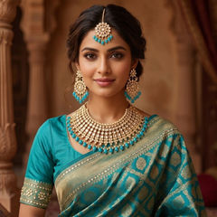 Gold Rodium Polish Blue color Necklace in Metal Alloy studded with Kundan