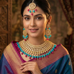 Gold Rodium Polish Blue color Necklace in Metal Alloy studded with Kundan