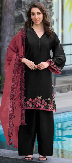 Black and Grey color Salwar Kameez in Satin fabric with Embroidered, Sequence work