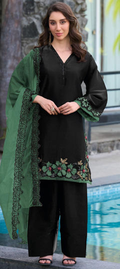 Black and Grey color Salwar Kameez in Satin fabric with Embroidered, Sequence work