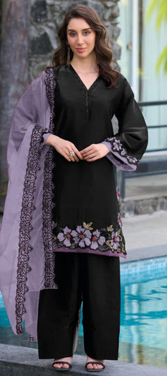 Black and Grey color Salwar Kameez in Satin fabric with Embroidered, Sequence work