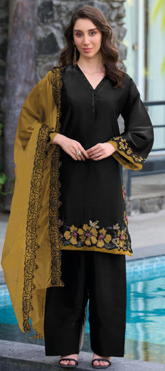 Black and Grey, Yellow color Salwar Kameez in Satin fabric with Embroidered, Sequence work