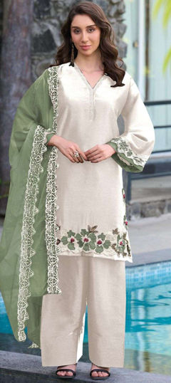 Green, White and Off White color Salwar Kameez in Satin fabric with Embroidered, Sequence work