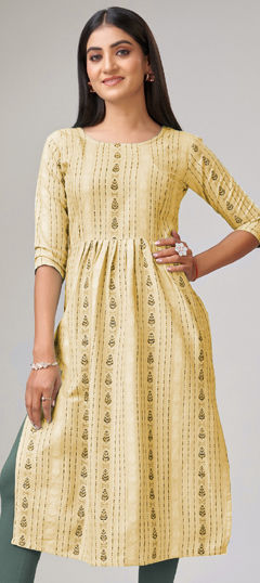 Beige and Brown color Kurti in Cotton fabric with Weaving work