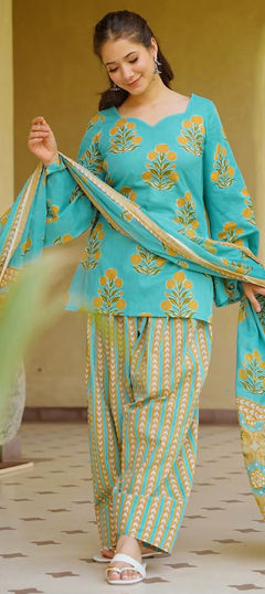 Blue color Salwar Kameez in Cotton fabric with Digital Print work