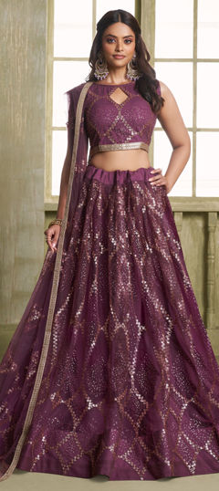 Blue color Lehenga in Net fabric with Border, Embroidered, Sequence work