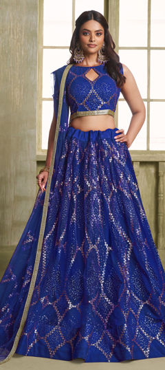 Green color Lehenga in Net fabric with Border, Embroidered, Sequence work