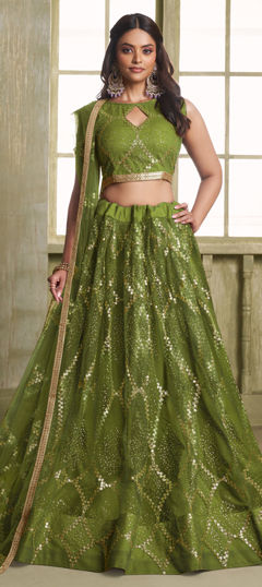 Yellow color Lehenga in Net fabric with Border, Embroidered, Sequence work