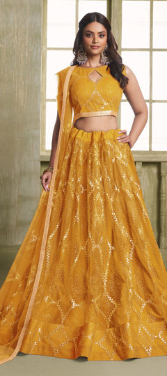 Purple and Violet color Lehenga in Net fabric with Border, Embroidered, Sequence work