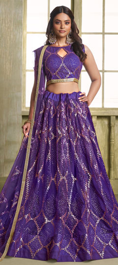 Pink and Majenta color Lehenga in Net fabric with Border, Embroidered, Sequence work