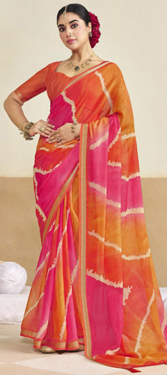 Pink and Majenta, Yellow color Saree in Silk fabric with Lehariya, Printed work