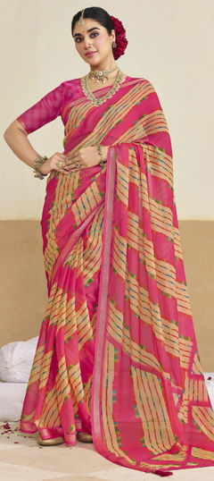 Pink and Majenta color Saree in Silk fabric with Lehariya, Printed work