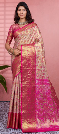 Beige and Brown color Saree in Kanchipuram Silk fabric with Weaving work