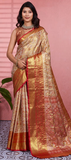 Beige and Brown color Saree in Kanchipuram Silk fabric with Weaving work