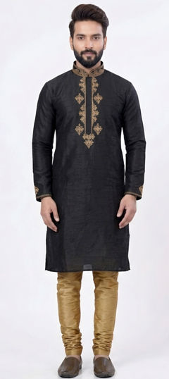 Black and Grey color Kurta Pyjamas in Dupion Silk fabric with Embroidered work