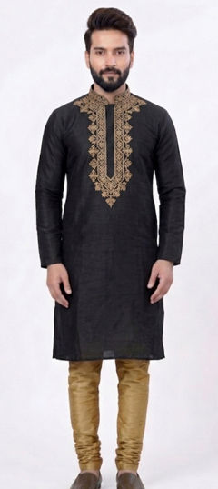 Black and Grey color Kurta Pyjamas in Dupion Silk fabric with Embroidered work