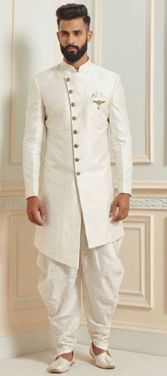 White and Off White color IndoWestern Dress in Dupion Silk fabric with Broches work