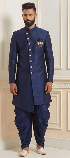 Blue color IndoWestern Dress in Dupion Silk fabric with Broches work