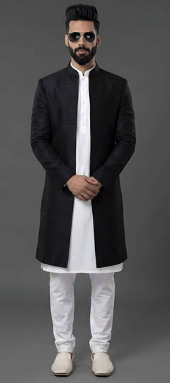 Black and Grey, White and Off White color IndoWestern Dress in Dupion Silk fabric with Thread work
