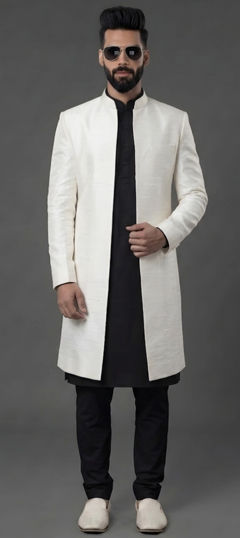 Black and Grey, White and Off White color IndoWestern Dress in Dupion Silk fabric with Thread work