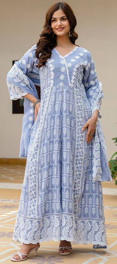 Blue color Salwar Kameez in Mul Cotton fabric with Embroidered work