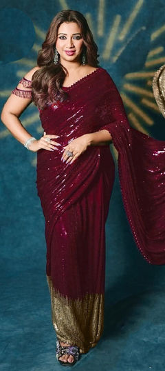 Red and Maroon color Saree in Georgette fabric with Embroidered, Sequence work