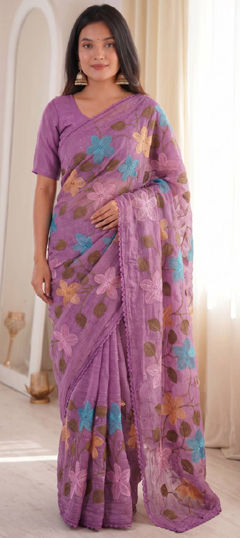 Pink and Majenta color Saree in Viscose fabric with Border, Embroidered, Stone, Thread work