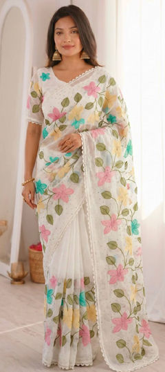 White and Off White color Saree in Viscose fabric with Border, Embroidered, Stone, Thread work