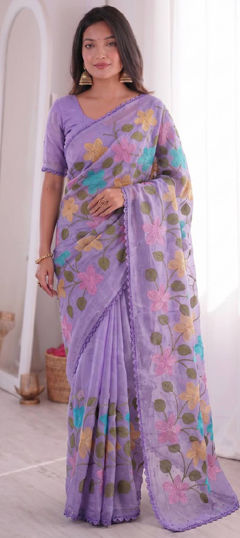 Purple and Violet color Saree in Viscose fabric with Border, Embroidered, Stone, Thread work