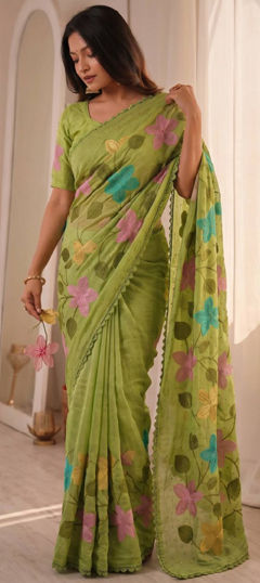 Green color Saree in Viscose fabric with Border, Embroidered, Stone, Thread work