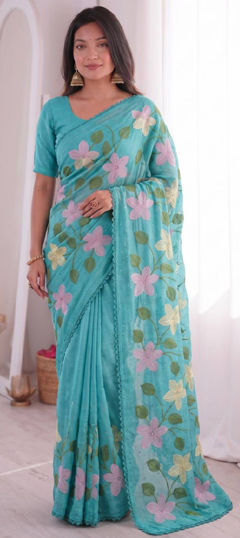 Green color Saree in Viscose fabric with Border, Embroidered, Stone, Thread work