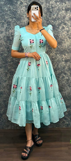 Blue color Gown in Mul Cotton fabric with Embroidered work