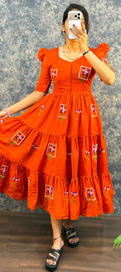 Red and Maroon color Gown in Mul Cotton fabric with Embroidered work