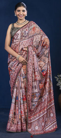 Multicolor color Saree in Silk fabric with Lace, Printed, Zircon work