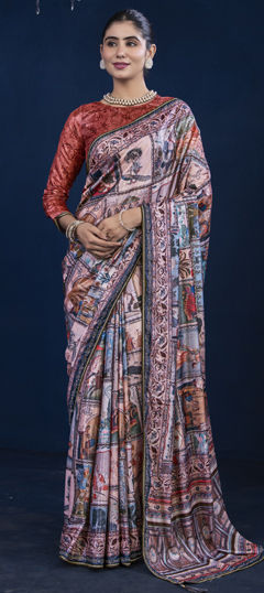 Multicolor color Saree in Silk fabric with Lace, Printed, Zircon work