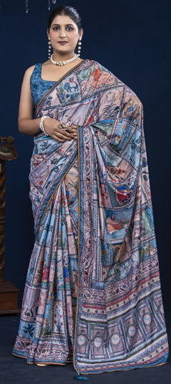 Multicolor color Saree in Silk fabric with Lace, Printed, Zircon work