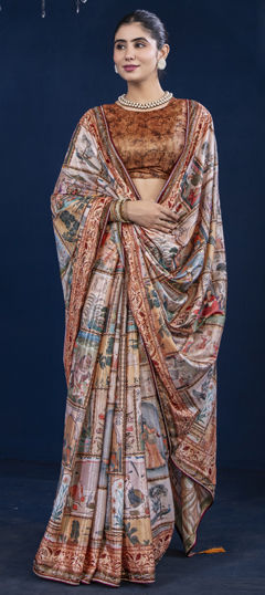 Multicolor color Saree in Silk fabric with Lace, Printed, Zircon work