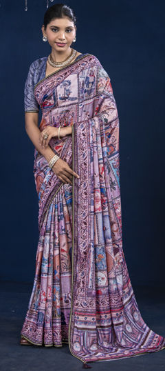 Multicolor color Saree in Silk fabric with Lace, Printed, Zircon work