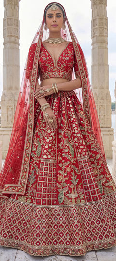 Red and Maroon color Lehenga in Silk fabric with Embroidered, Sequence, Zari work