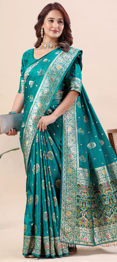 Blue color Saree in Satin fabric with Weaving work