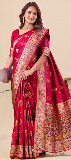 Pink and Majenta color Saree in Satin fabric with Weaving work