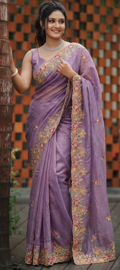 Purple and Violet color Saree in Net fabric with Embroidered work
