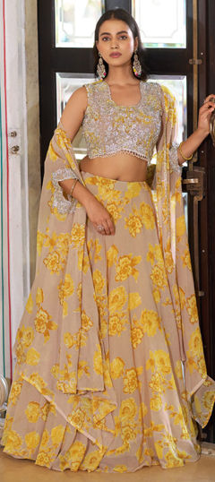 Yellow color Ready to Wear Lehenga in Georgette fabric with Floral, Printed, Sequence work