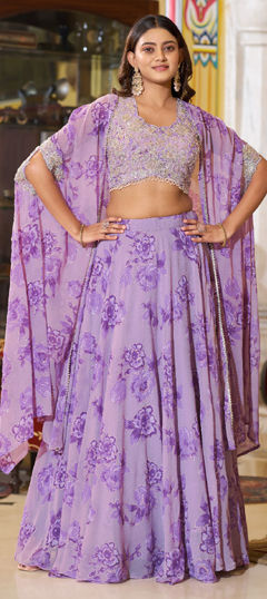 Purple and Violet color Ready to Wear Lehenga in Georgette fabric with Floral, Printed, Sequence work