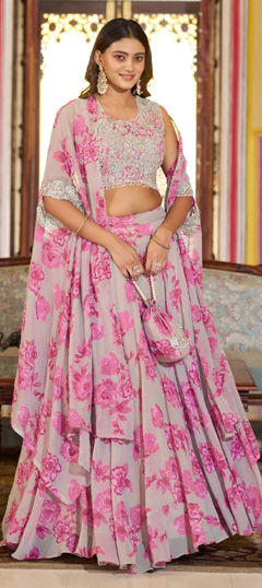 Pink and Majenta color Ready to Wear Lehenga in Georgette fabric with Floral, Printed, Sequence work