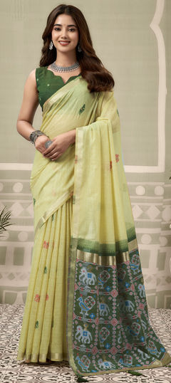 Yellow color Saree in Silk fabric with Printed work