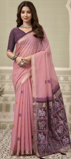 Pink and Majenta color Saree in Silk fabric with Printed work