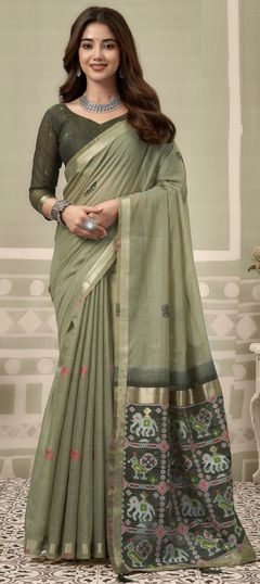 Green color Saree in Silk fabric with Printed work
